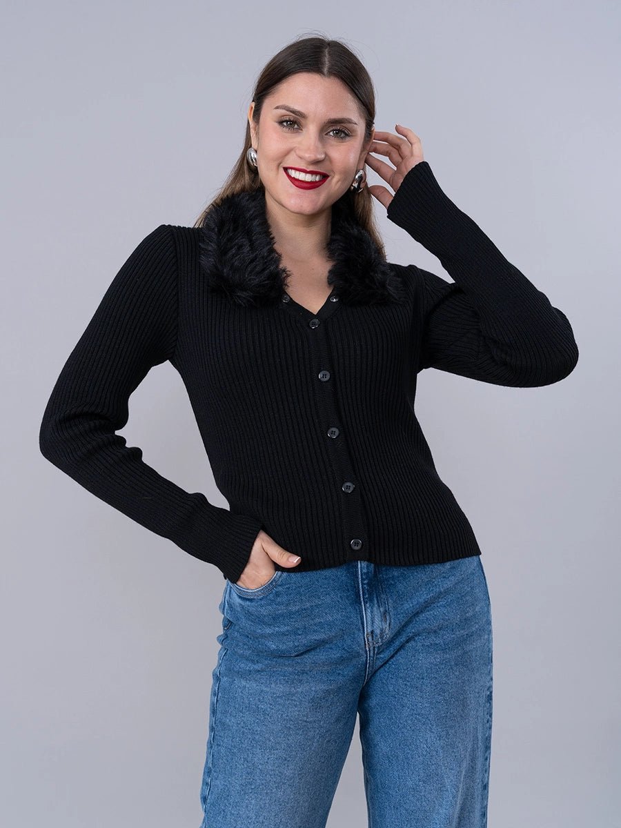 Cárdigan Tejido Negro cuello Peluche - Chompa de La Matier