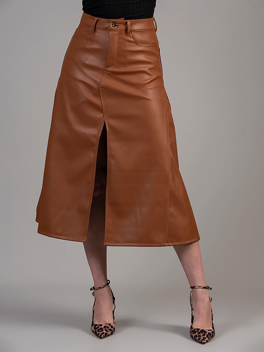 Falda Carla Efecto Piel Camel