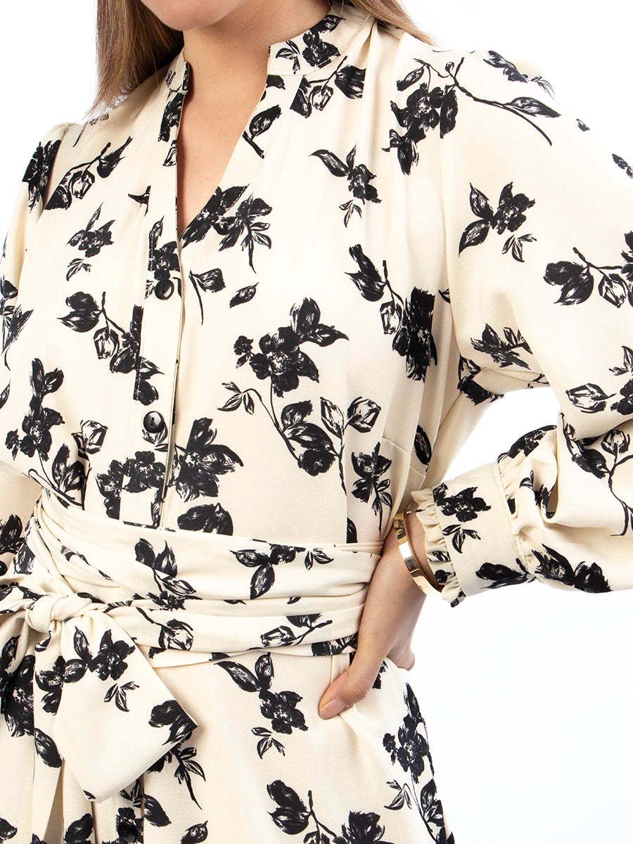 Vestido Marina Crema con Flores Negras