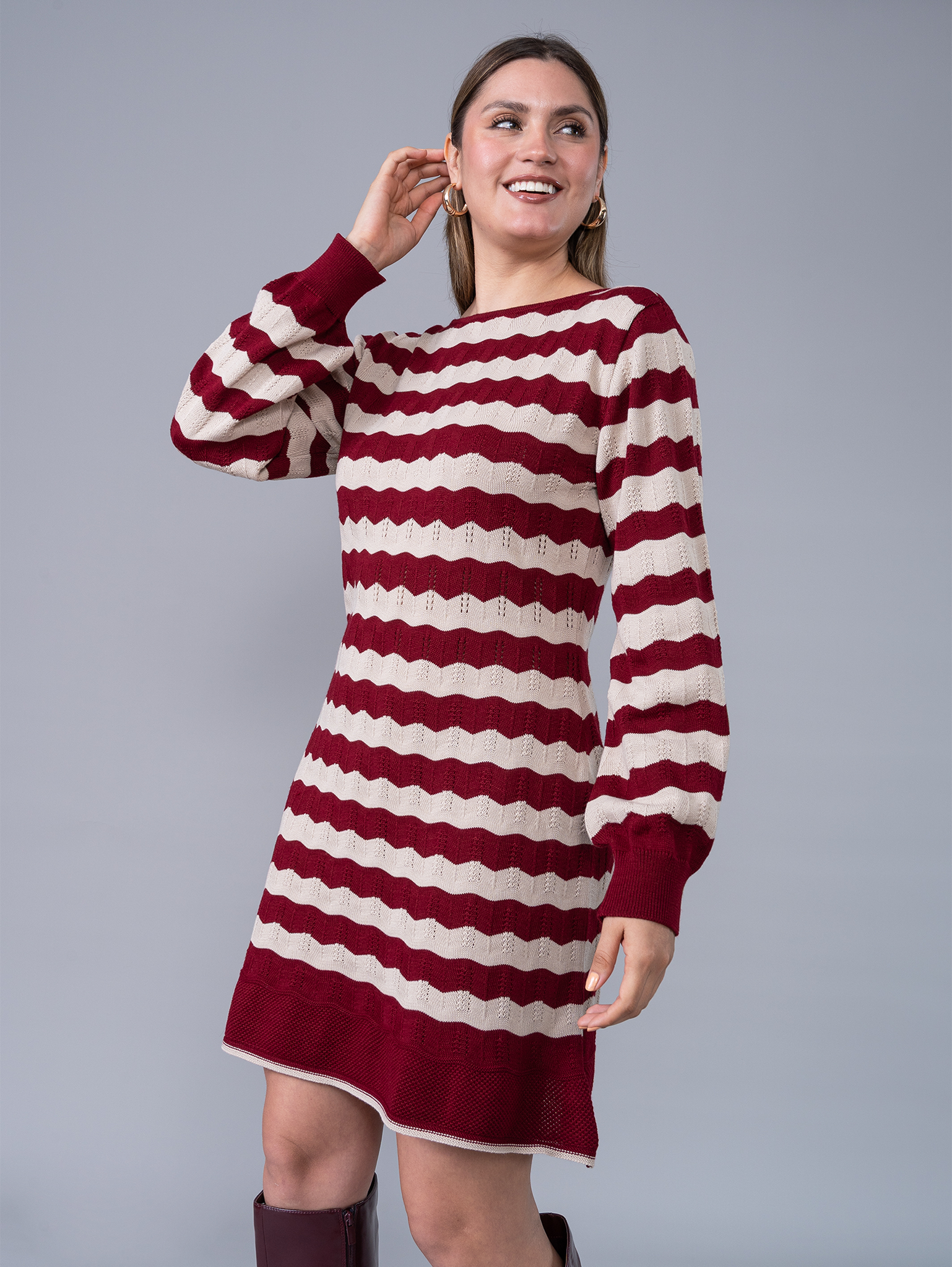 Vestido Tejido Naty Guinda /Crema