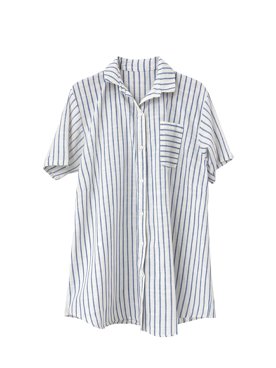 Vestido Camisero de Lino Rayas Celeste