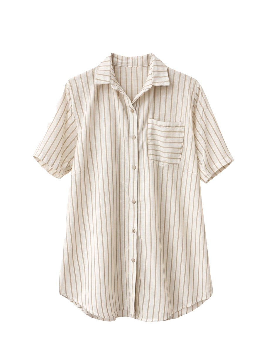 Vestido Camisero de Lino Rayas Beige