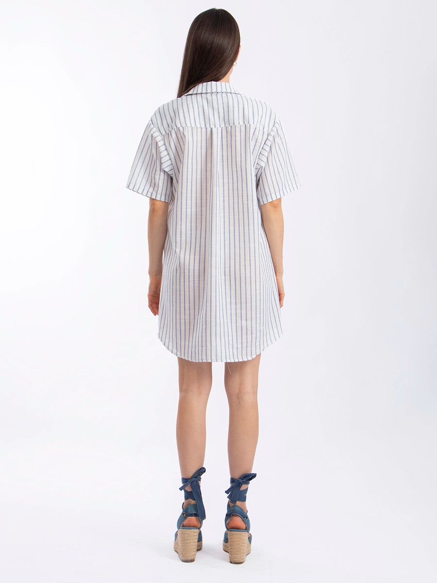 Vestido Camisero de Lino Rayas Celeste