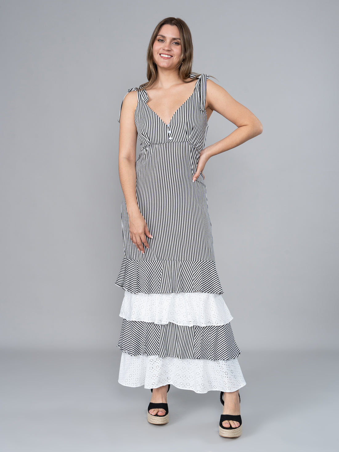 Vestido de Lino Florencia Rayas Negro