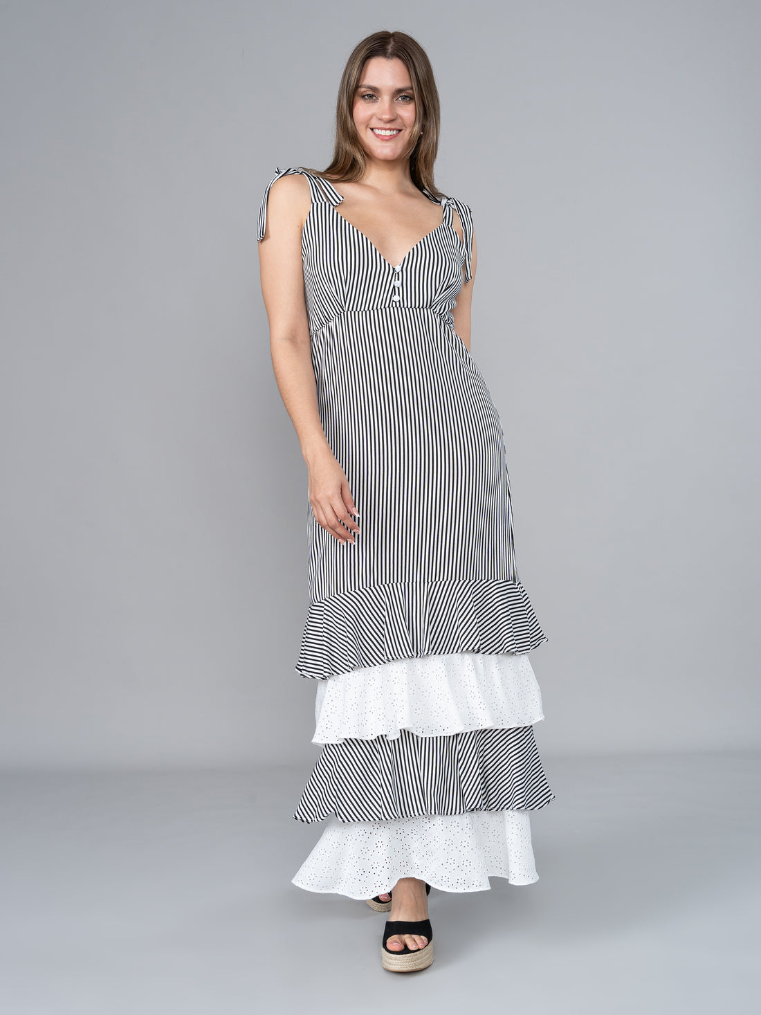 Vestido de Lino Florencia Rayas Negro