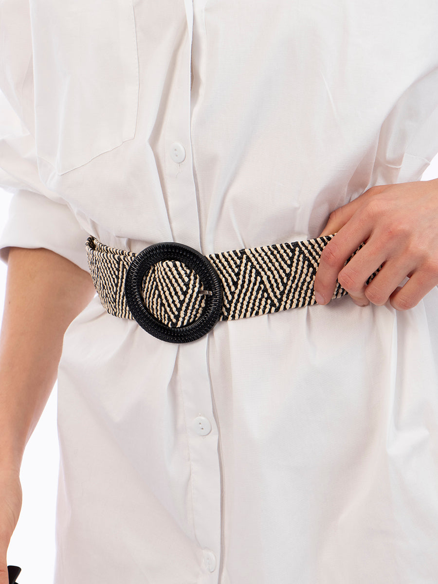 Correa Tejida Negro/Blanco Hebilla Redonda