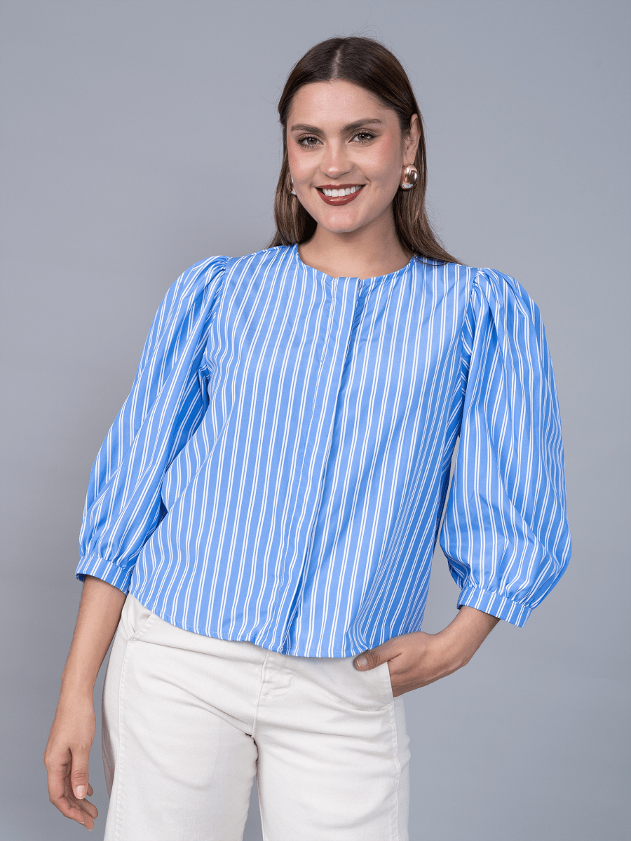 Blusa Mery Celeste Rayas Blancas - Blusa de La Matier