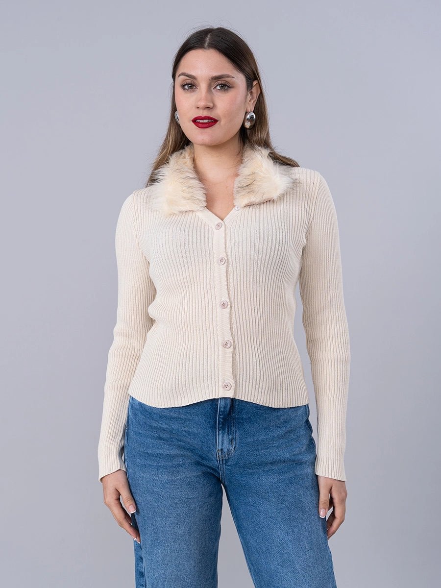 Cárdigan Tejido Crema cuello Peluche - Chompa de La Matier