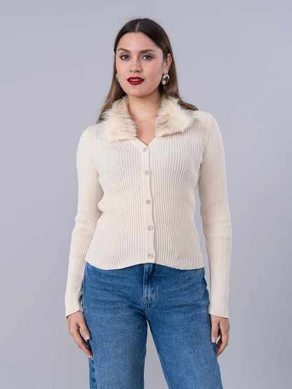 Cárdigan Tejido Crema cuello Peluche - Chompa de La Matier