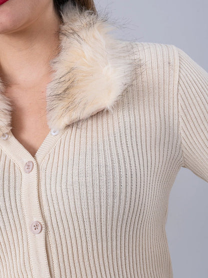 Cárdigan Tejido Crema cuello Peluche - Chompa de La Matier