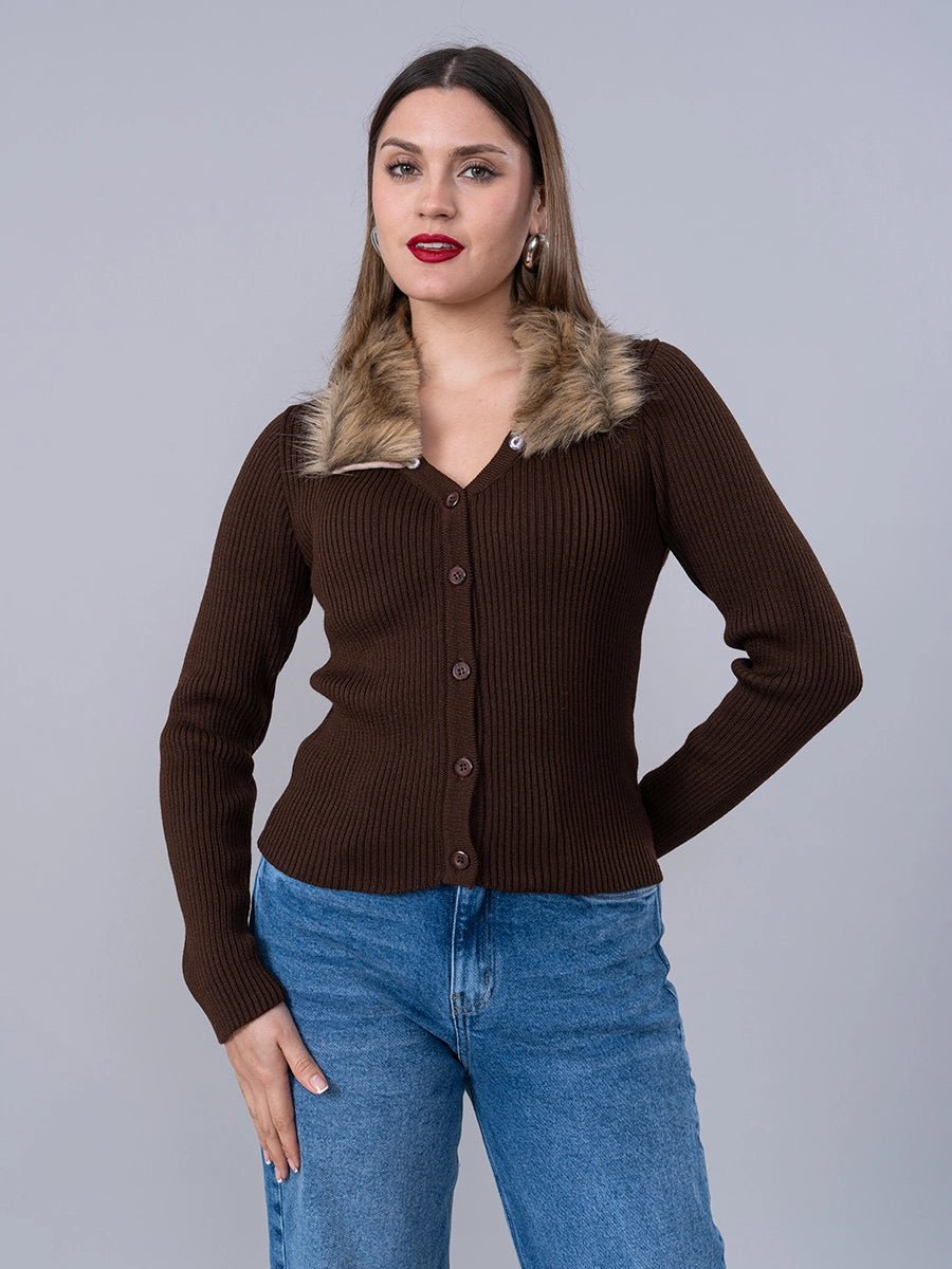 Cárdigan Tejido Marrón cuello Peluche - Chompa de La Matier