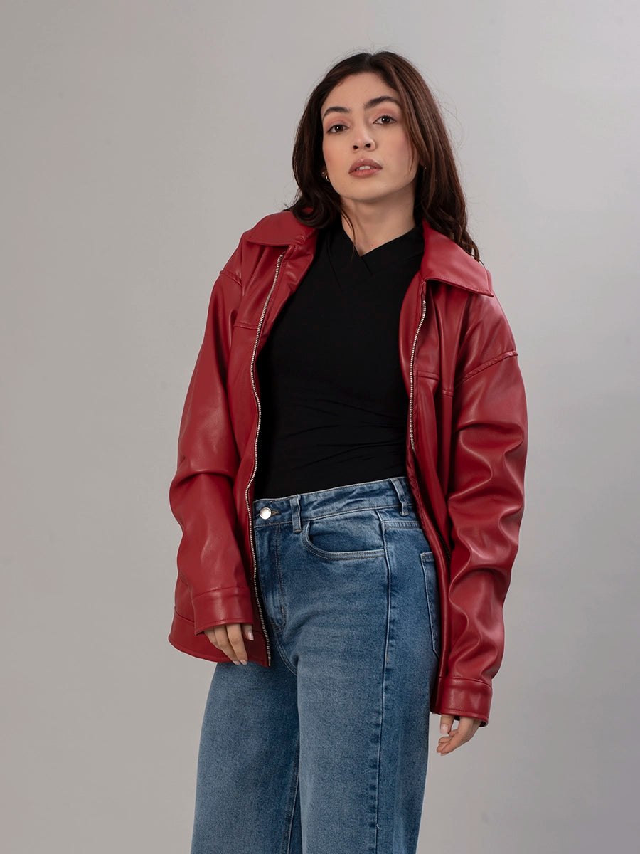 Casaca Efecto Piel Oriana Rojo