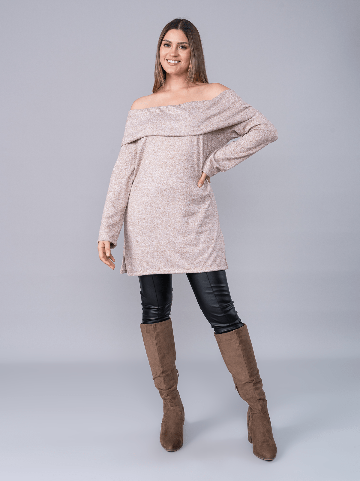 Chompa Off Shoulder Beige Jaspeado - La Matier Chompa