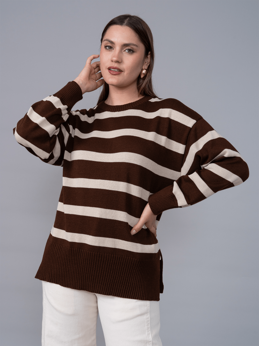 Chompa Tejida Ivette Rayas Marron/Beige - Chompa de La Matier