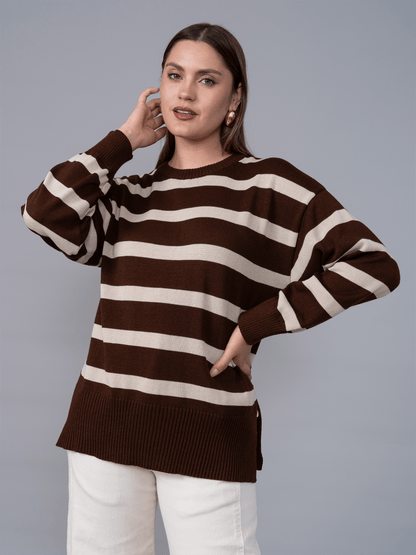 Chompa Tejida Ivette Rayas Marron/Beige - Chompa de La Matier