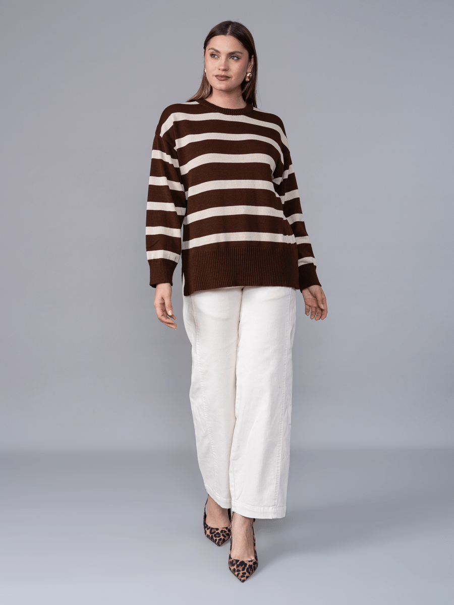 Chompa Tejida Ivette Rayas Marron/Beige - Chompa de La Matier