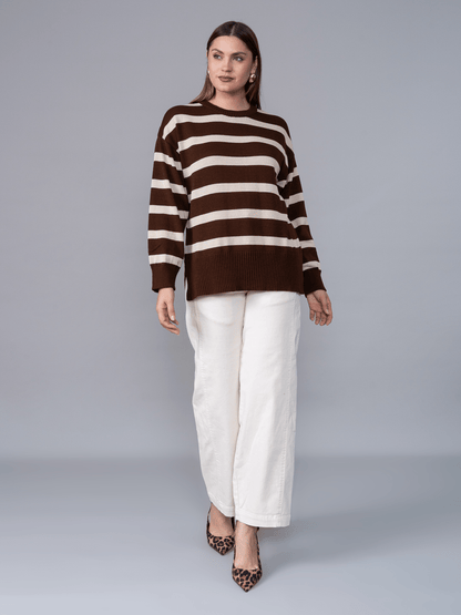 Chompa Tejida Ivette Rayas Marron/Beige - Chompa de La Matier