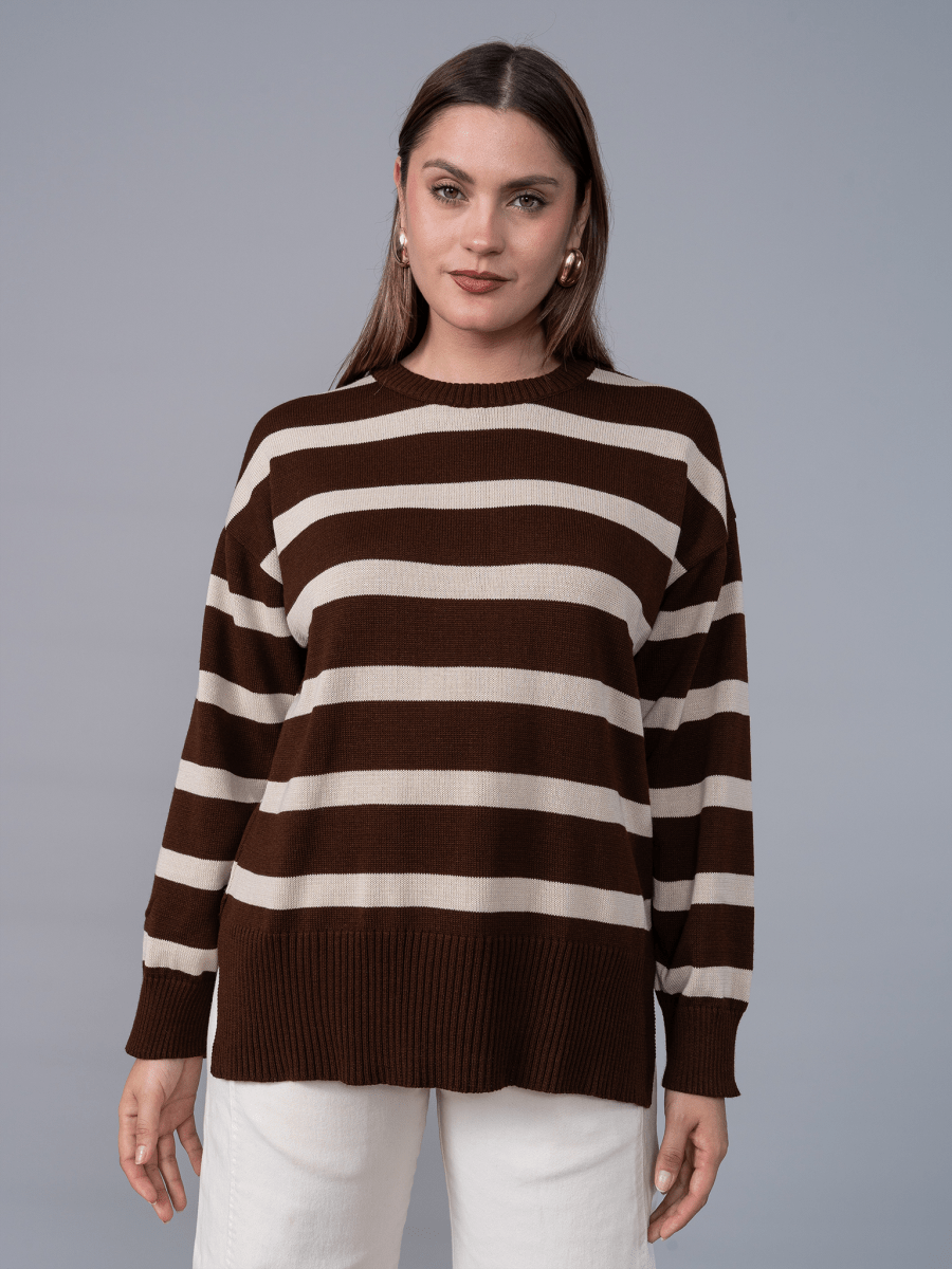 Chompa Tejida Ivette Rayas Marron/Beige - Chompa de La Matier
