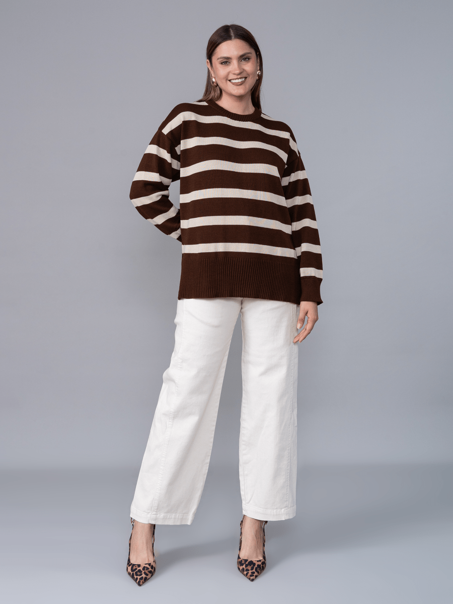 Chompa Tejida Ivette Rayas Marron/Beige - Chompa de La Matier