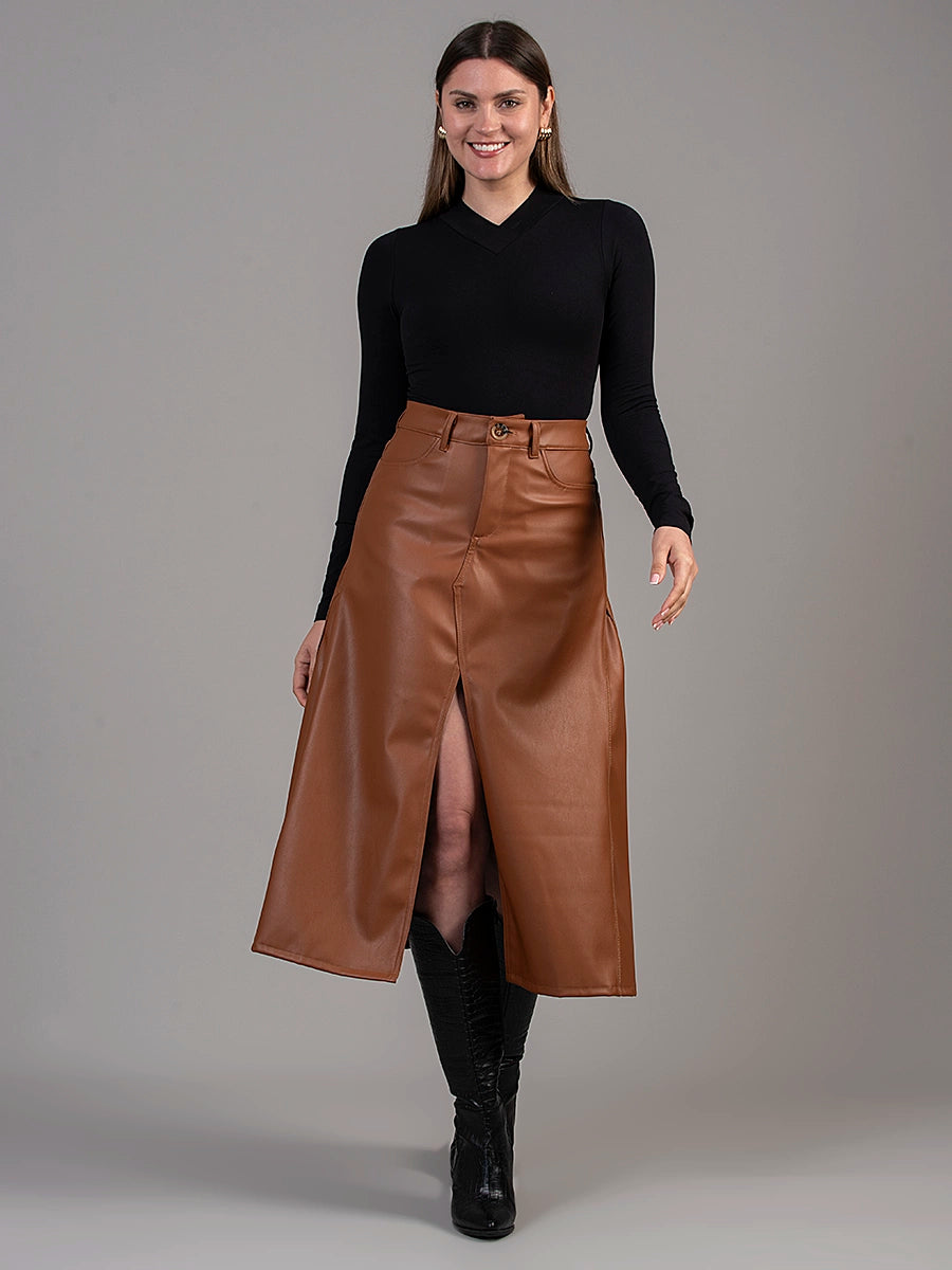 Falda Carla Efecto Piel Camel