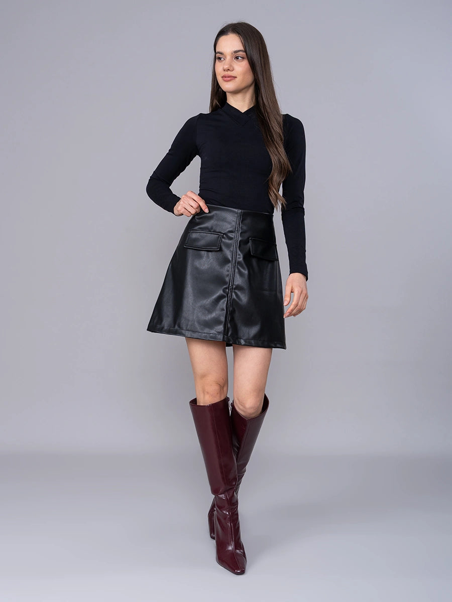 Falda Efecto Piel Lisa Negra