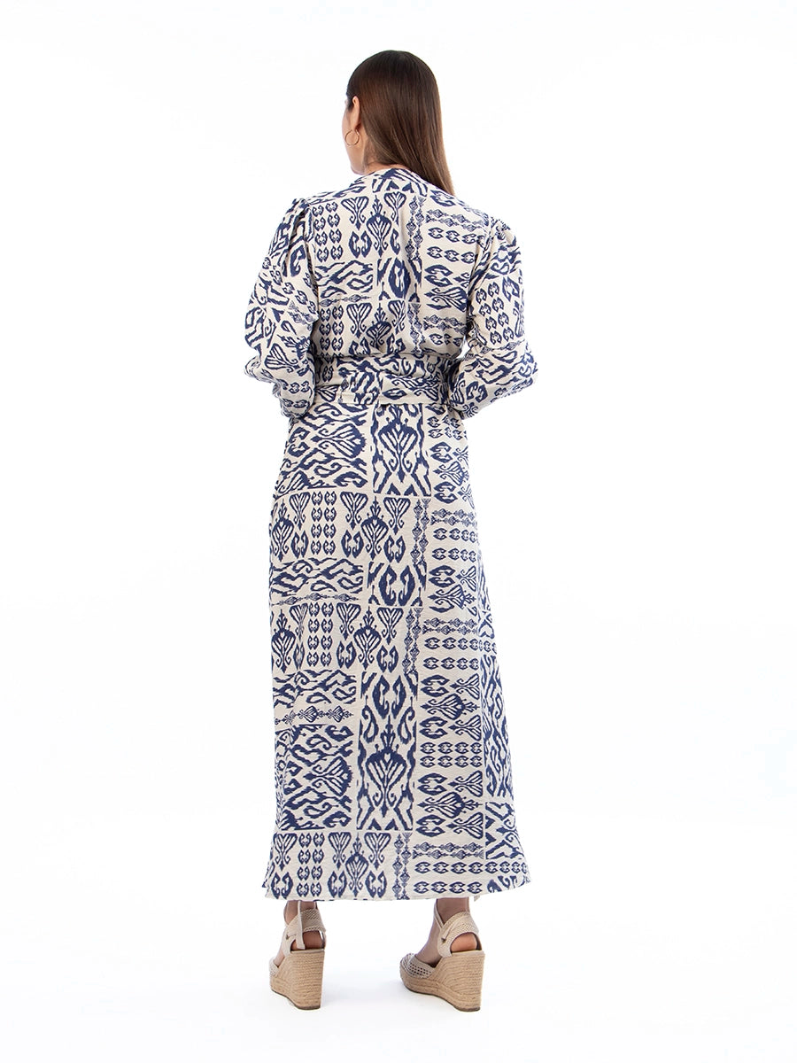 Vestido Marina Crema Estampado Azul