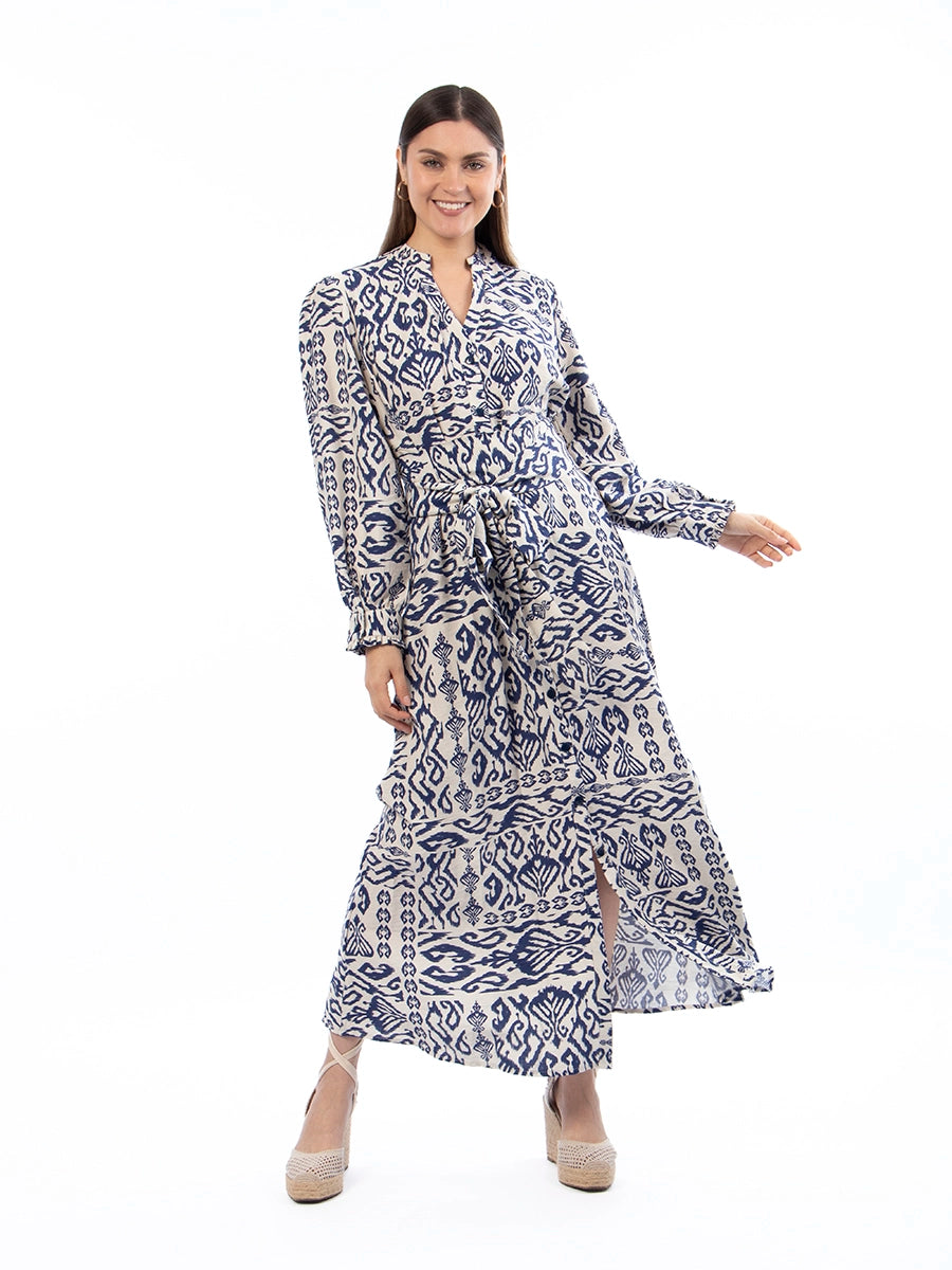 Vestido Marina Crema Estampado Azul