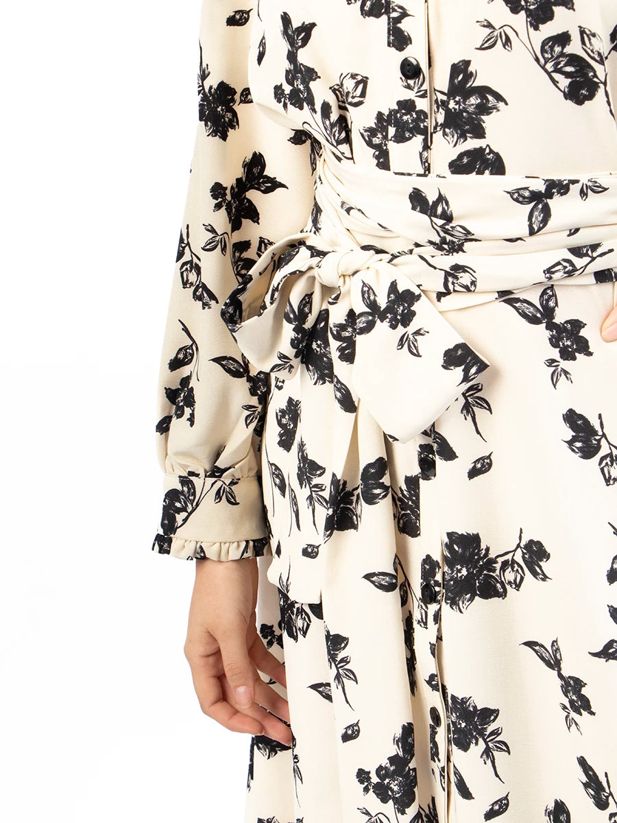 Vestido Marina Crema con Flores Negras