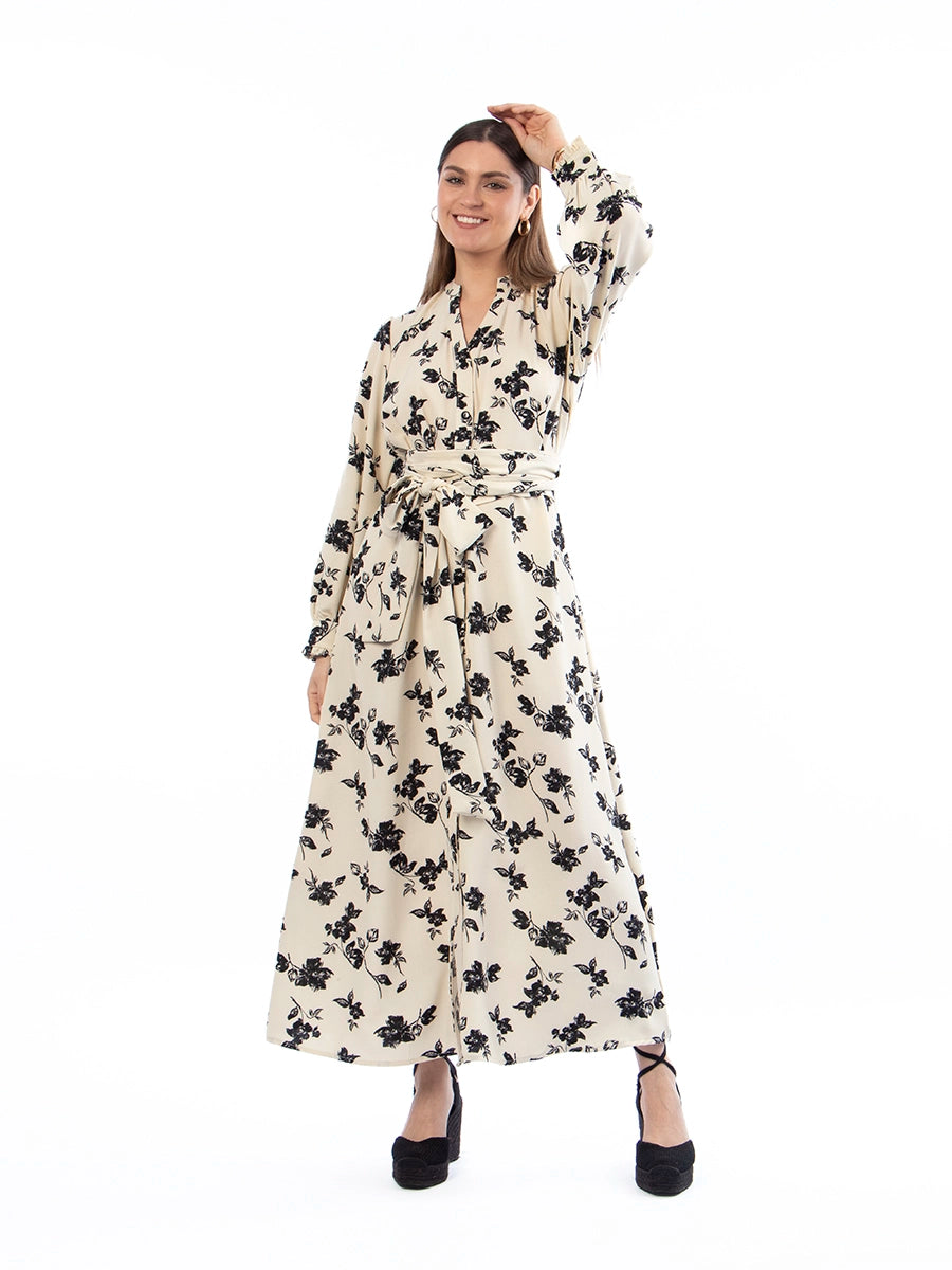 Vestido Marina Crema con Flores Negras