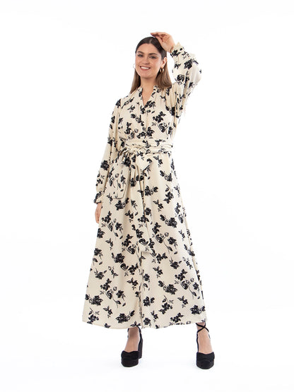 Vestido Marina Crema con Flores Negras