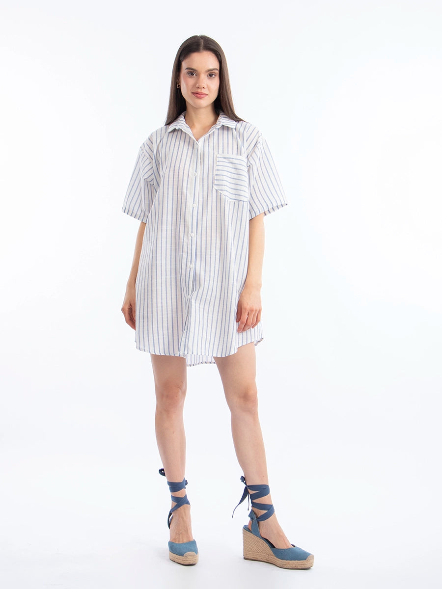 Vestido Camisero de Lino Rayas Celeste