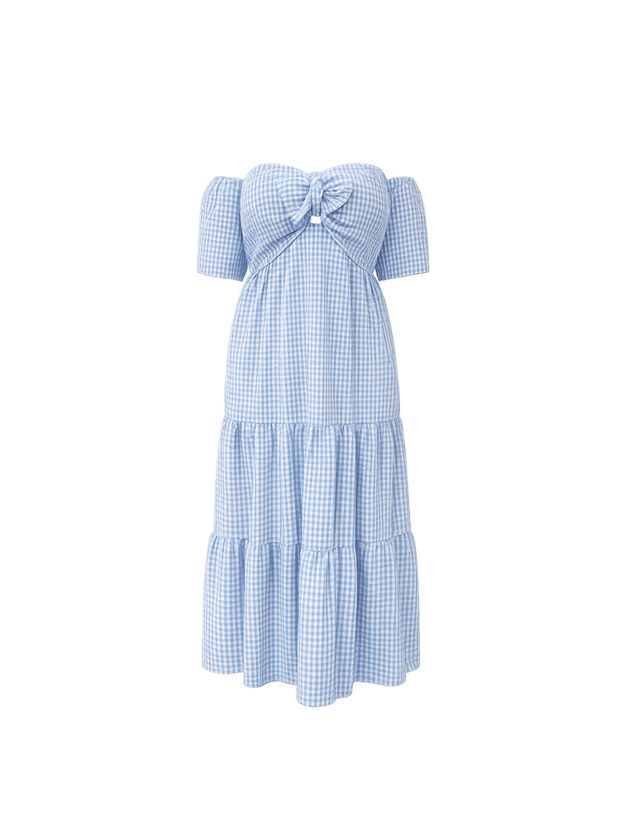 Vestido Strapless Vichy Celeste